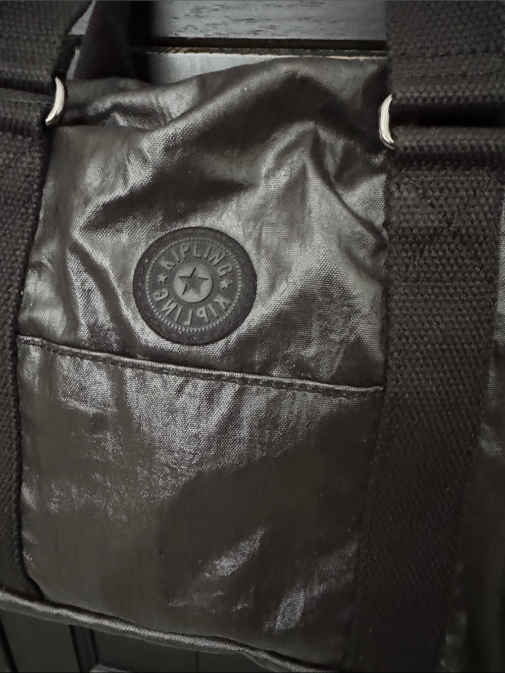 Kipling Black Shiny Nylon Bag with Dual Web Handles